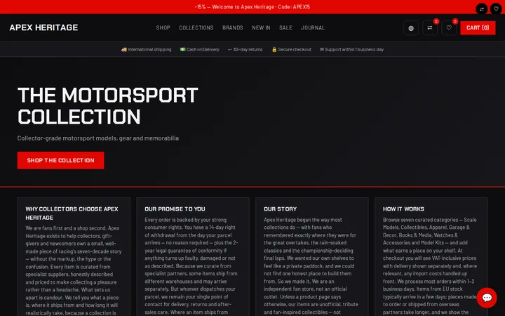 Apex Heritage storefront — a motorsport collectibles store built on NEXT BASKET AI