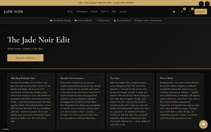 Jade Noir storefront — a women’s fashion store built on NEXT BASKET AI